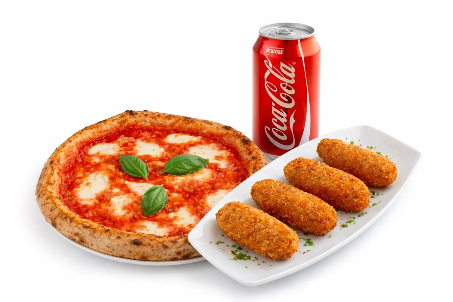 Menù ‘A Regina: Una pizza Regina Margherita, 1 fritturina da 4 pezzi a scelta, una bibita da 33 cl a scelta
