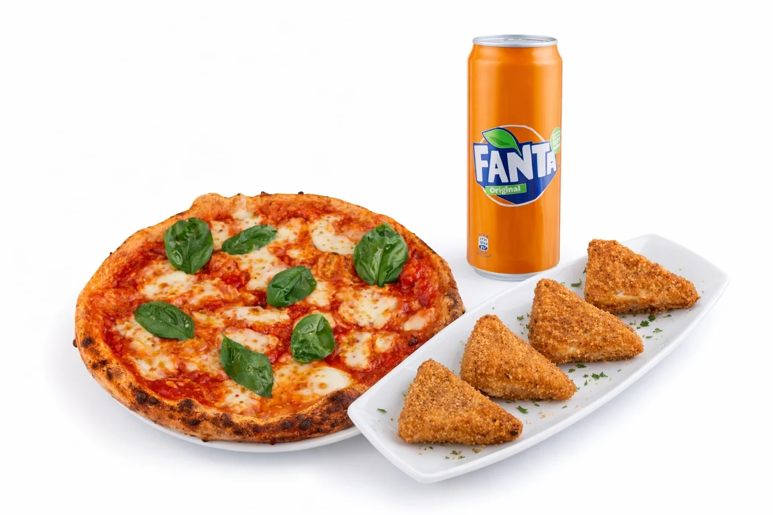 Menù Ruota di Carro: Margherita a Ruota di Carro, 1 fritturina da 4 pezzi a scelta, una bibita da 33 cl a scelta